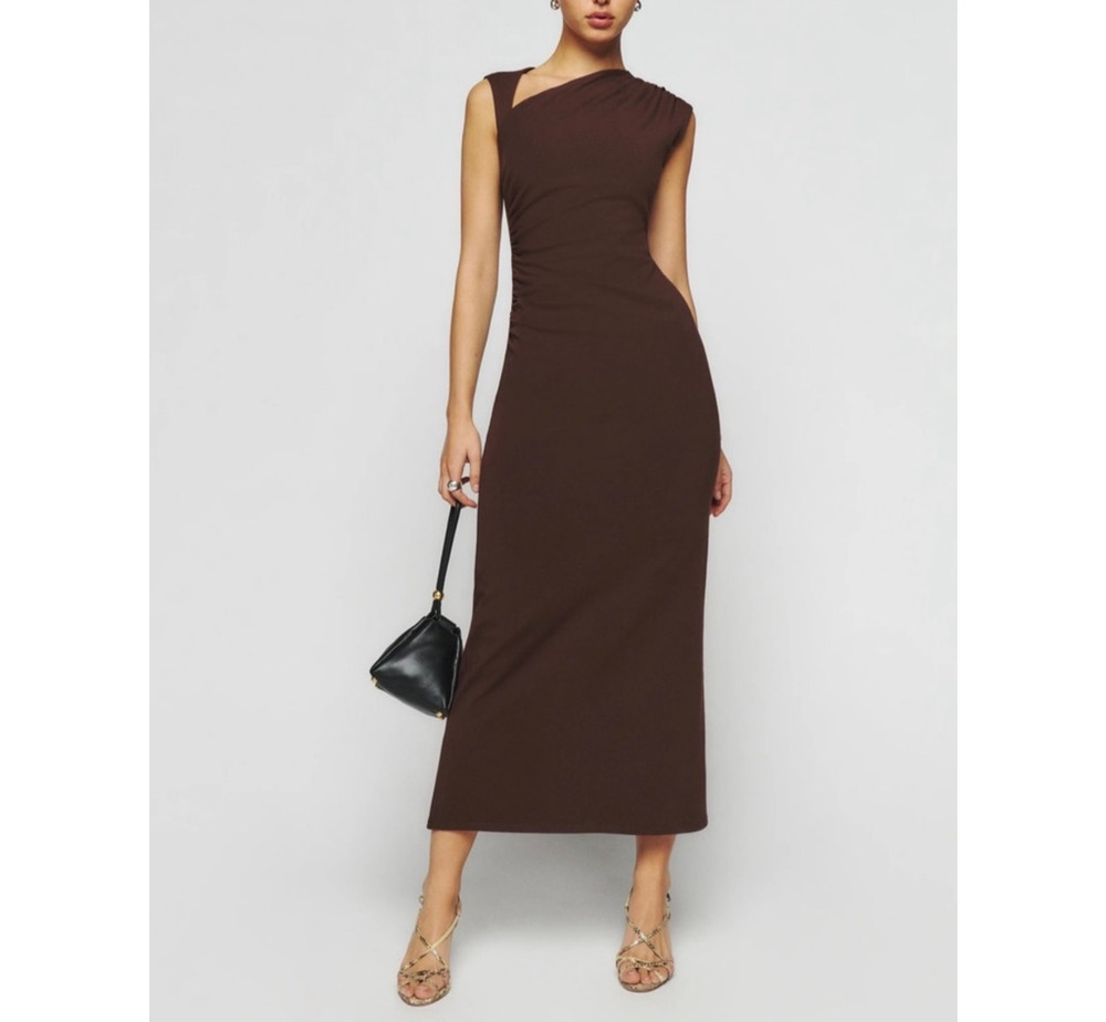 Reformation Amiah Midi Dress Café Brown Asymmetrical Neckline Size Medium